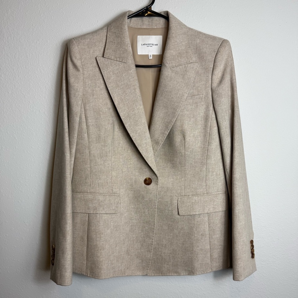 Lafayette 148 Beige Oatmeal Neutral Wool Stretch Tailored Blazer Size 10